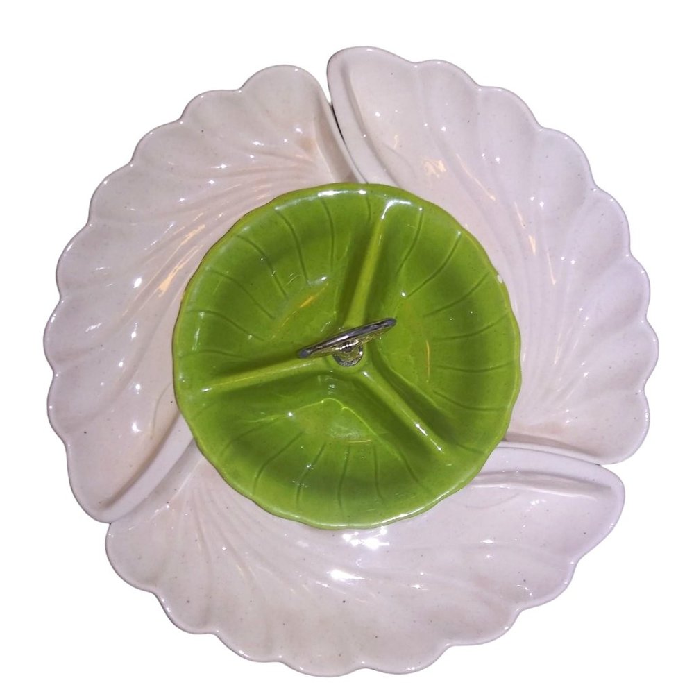 VTG Lane & Co Green Cream Ceramic Leaf Chip and Dip Lazy Susan Candy Dish 1960